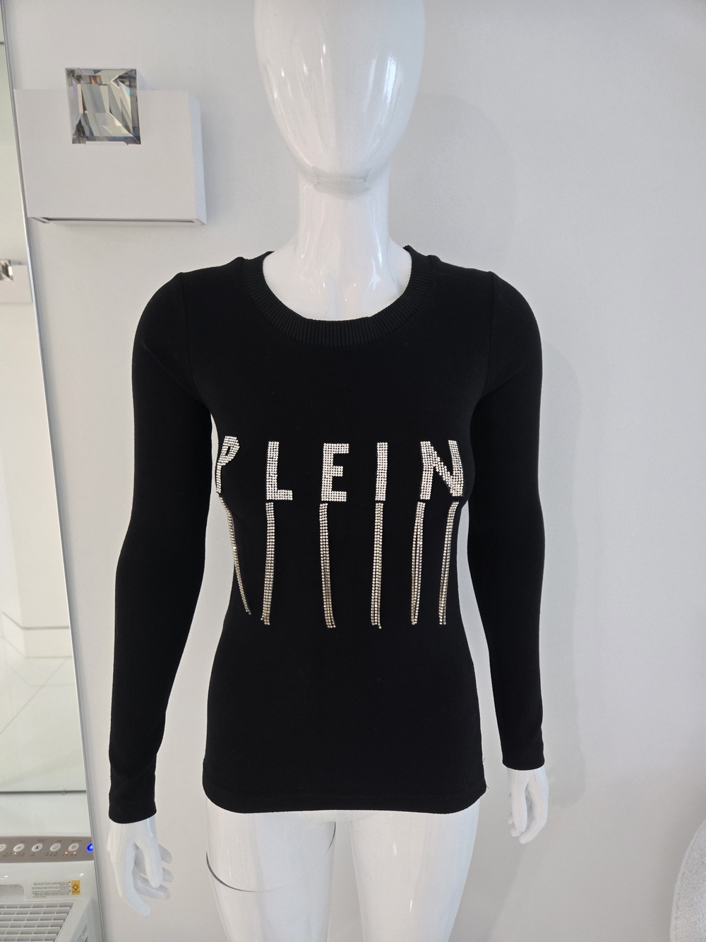 Philipp Plein Black Long-Sleeve Crystal Logo Top, Size S
